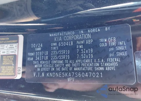 2025 Kia Carnival Mpv Hybrid Sx z USA, uszkodzony, nr VIN KNDNE5KA7S6047021